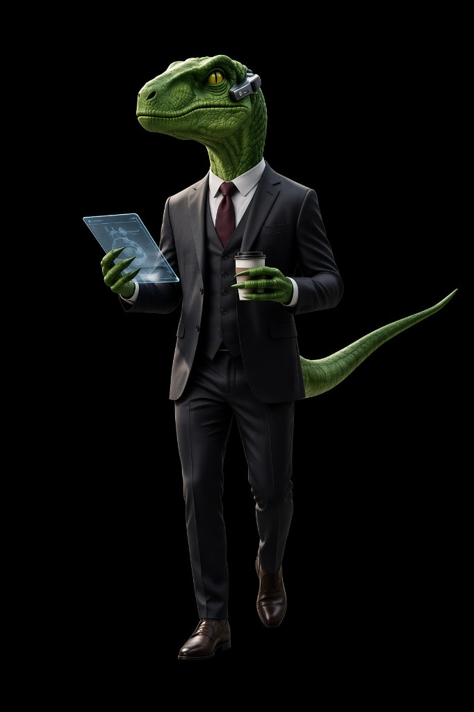 Rex Volt, velociraptor Floor Chief in a charcoal three-piece suit