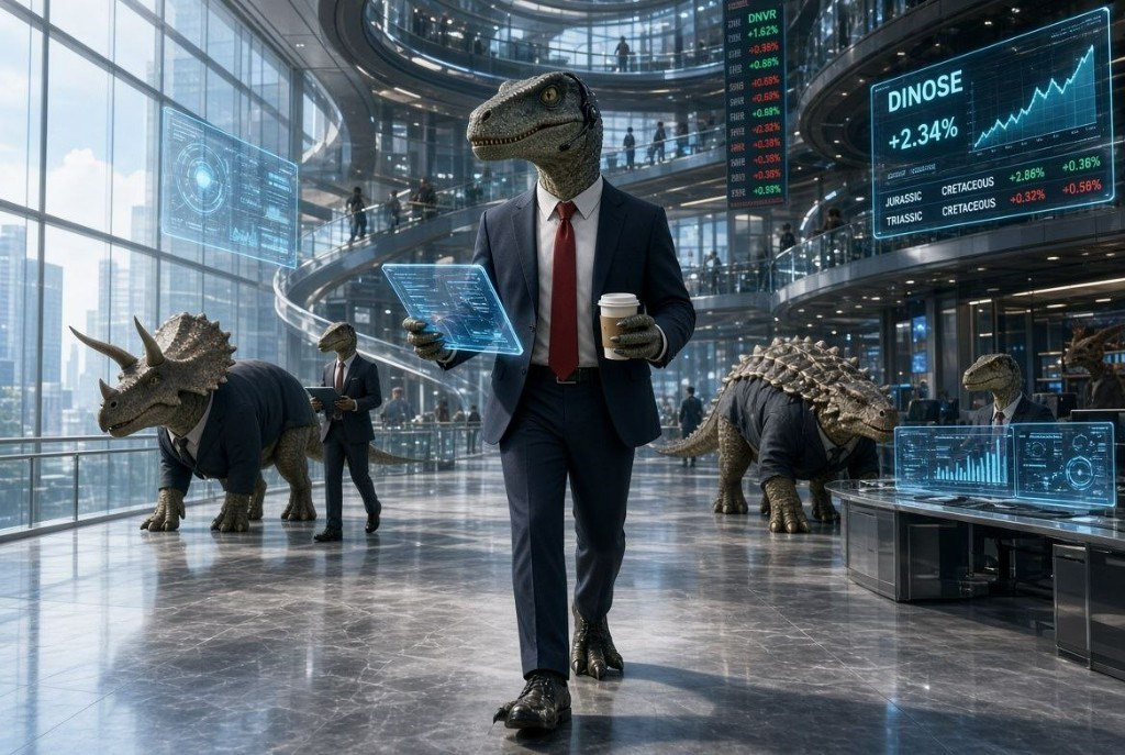 A glass HQ. Sun on the tape, city in every window, and a raptor with a coffee walking the lobby like he owns the floor. He does.